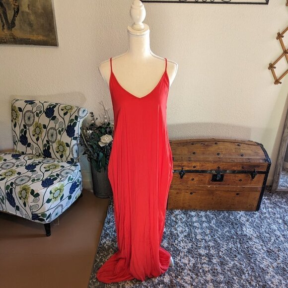 Lovestitch Coral/Red Solid Cami Maxi Dress - Size S/M - Picture 1 of 3